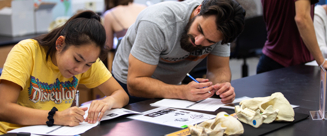 Two students in a classroom working on a project