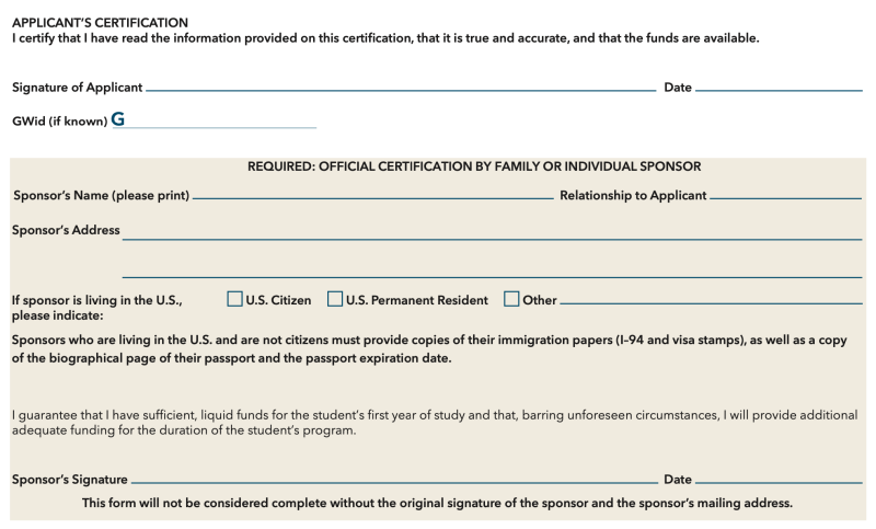 The fourth part of the financial certificate, asking for signatures and sponsor information.
