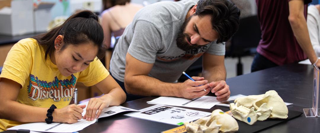 Two students in a classroom working on a project